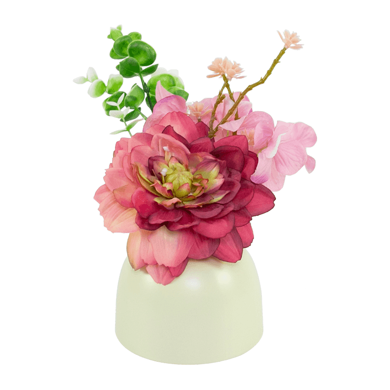 Olla de cerámica de eucalipto con hortensia de dalia roja, morada y blanca