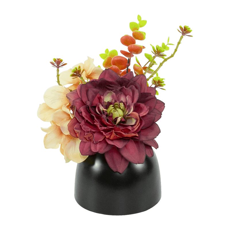 Olla de cerámica de eucalipto con hortensia de dalia roja, morada y blanca