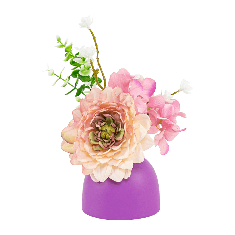 Olla de cerámica de eucalipto con hortensia de dalia roja, morada y blanca