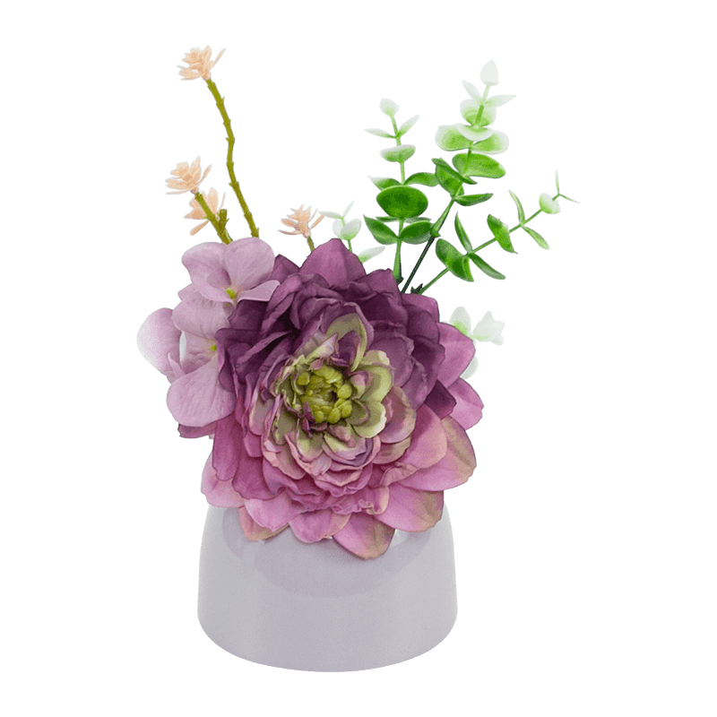 Olla de cerámica de eucalipto con hortensia de dalia roja, morada y blanca