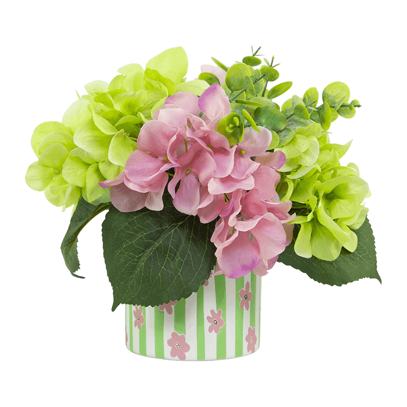 Disposición de hortensias artificiales en maceta cerámica