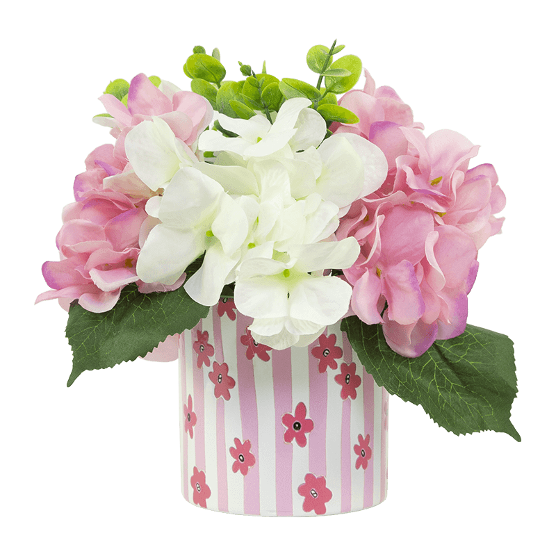 Disposición de hortensias artificiales en maceta cerámica