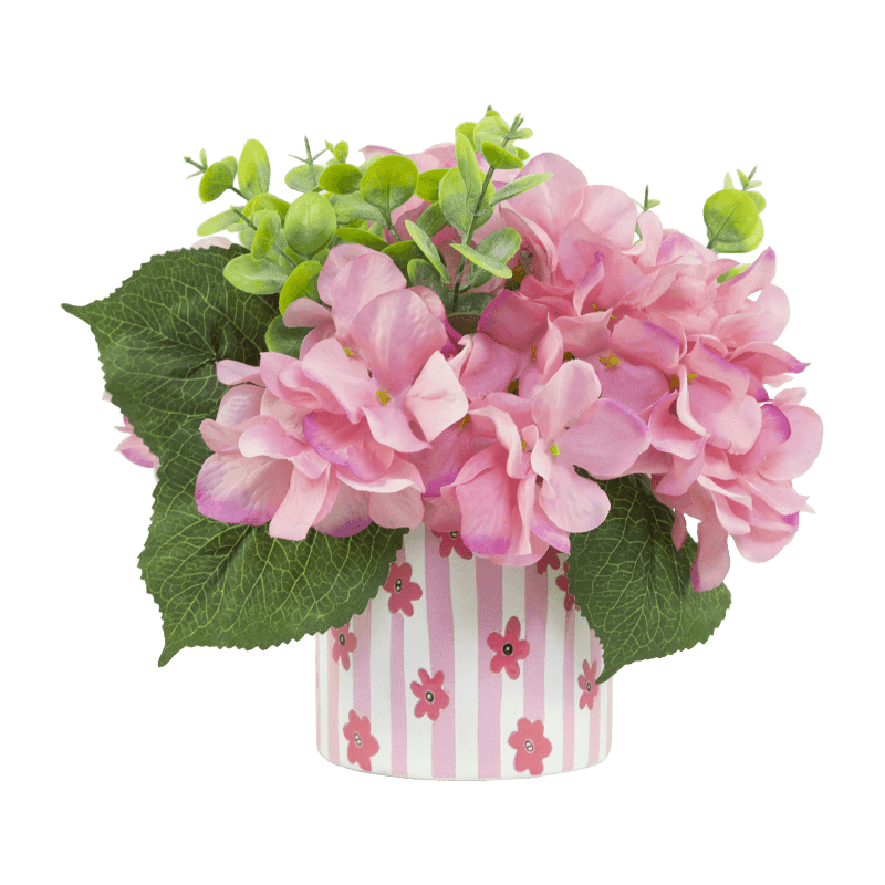 Disposición de hortensias artificiales en maceta cerámica
