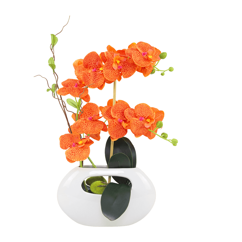 Jardinera cerámica con flores de orquídea artificial