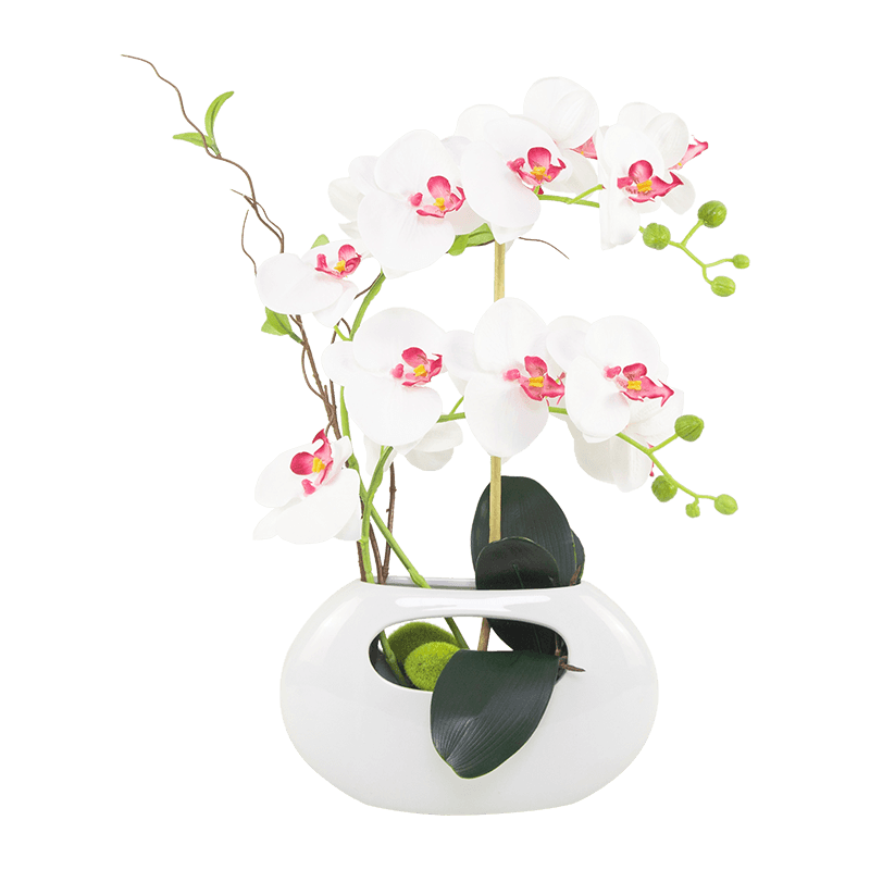 Maceta decorativa de cerámica con orquídeas artificiales